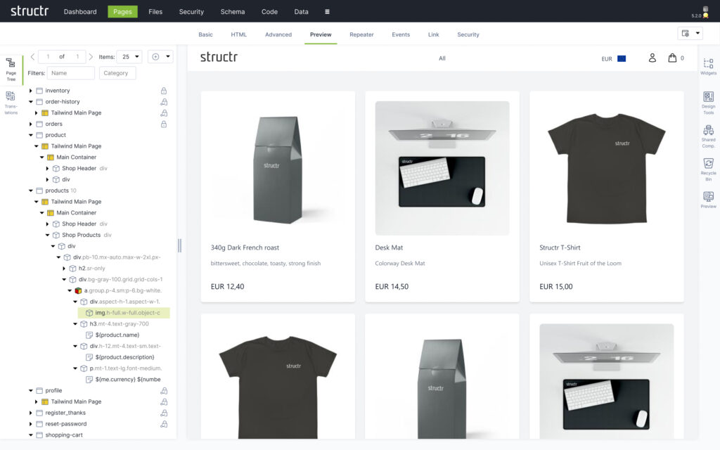 Structr Page Builder mit Seitenbaum und Vorschau einer Webseite